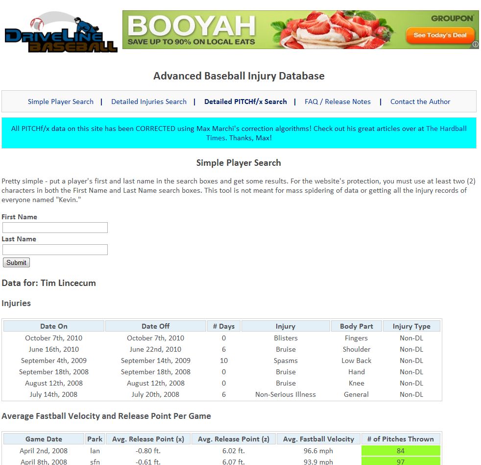 Advanced Baseball Injury Database Release Point Corrections